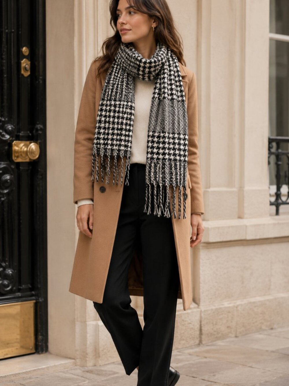 V Fraas Cashmink Scarf Germany Black White Plaid Houndstooth Fringe Soft Wrap
